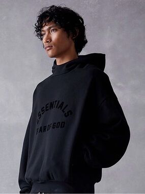 Fear of God Essentials Black Pullover Hoodie with Tonal Logo